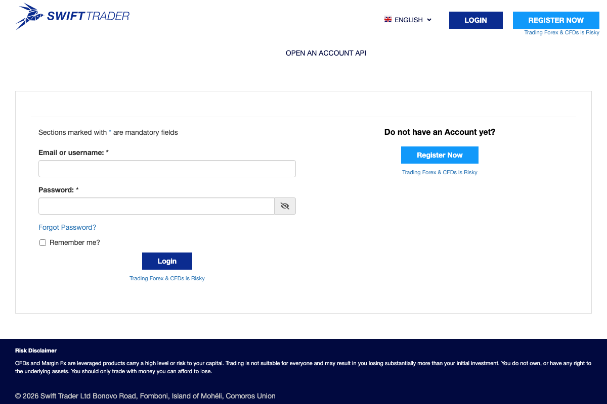 Swift Traderの口座開設ページ